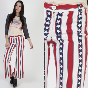 Red White And Blue Americana Bell Bottoms, 70s Stars Stripes Bellbotton Pants, Womens Hippie Racing Stripe Jeans 