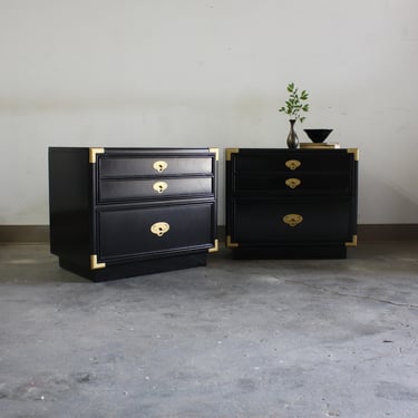 Pair of Vintage Campaign Nightstands in High Gloss Black Lacquer 