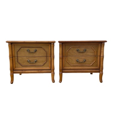 Set of 2 Vintage Faux Bamboo Nightstands FREE SHIPPING - Brown Wooden Broyhill Hollywood Regency Coastal Furniture 