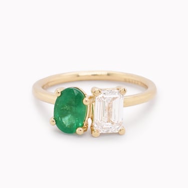 Toi Et Moi Emerald-Cut Diamond & Oval-Cut Emerald Engagement Ring