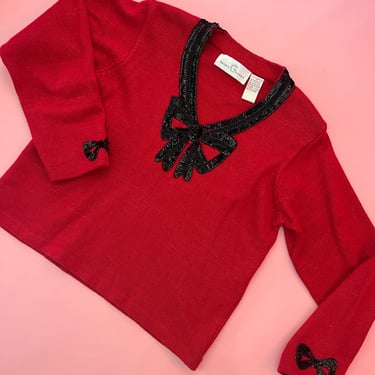 VTG 90s Jane’s Closet Red Metallic Knit Sweater with Black Sequin Bow Detail 