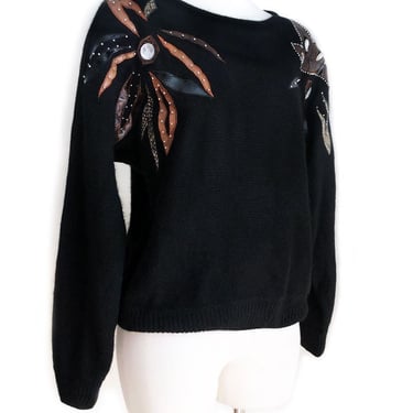 80's ANGORA & SILK Sweater, Pullover, Vintage, 1980's, Beaded, Jewels, black, Lambs Wool, Top, Blouse, Cardigan, Long Sleeves 