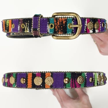 VINTAGE 90s Rainbow Woven Ikat Tapestry Belt by Capezio S/M 26"-30" | 1990s Colorful Friendship Bracelet Belt | VFG 