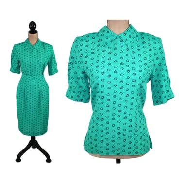 S ~ Rayon 2 Piece Set Women Small, 80s Does 40s Style Short Sleeve Button Back Blouse + High Waist Midi Skirt 1980s Clothes Vintage PROPHECY 