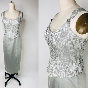 1990s Silver Brocade Bridal Party Gown by Dollar USA Large | Vintage, Dress, Cocktail, Formal, Prom, Corset, Boning, Bustier Top 