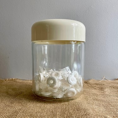 Vintage MCM Heller Vignelli Storage Container, Glass and White Plastic - 7 inch, Kitchen Bathroom Canister, Dog Treats, Pantry Organizer 