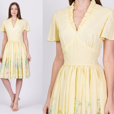 1960s Yellow Floral Fit & Flare Midi Dress - Medium | Vintage 60s Short Flutter Sleeve Garden Party Dress 