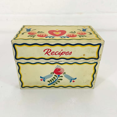 Vintage Metal Recipe Box White Pink Blue Green 1970s 1960s Tin Made in USA Mid Century Recipes Cottage Cottagecore 