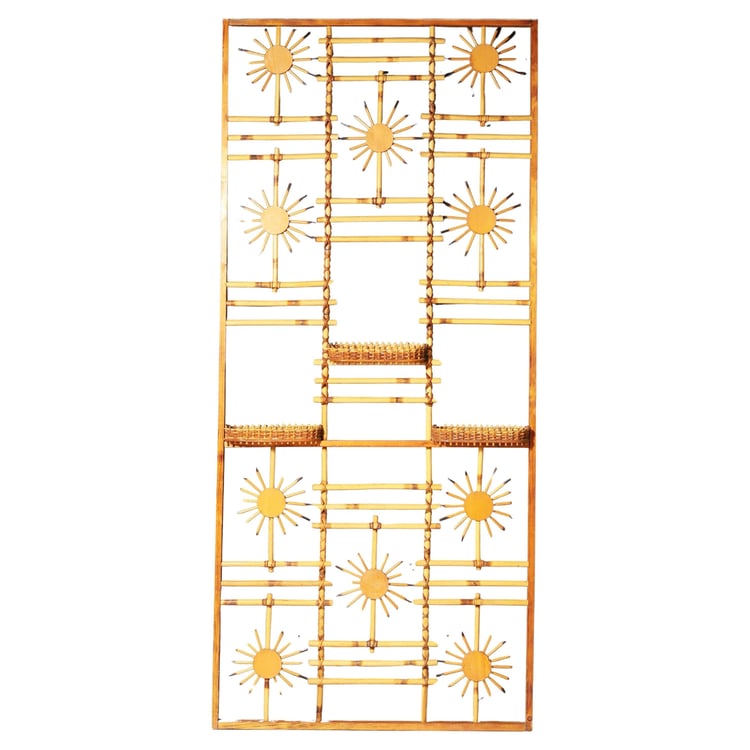 Rattan and Bamboo Room Divider with Sunbrust Accents, Czechoslovakia, 1960s 