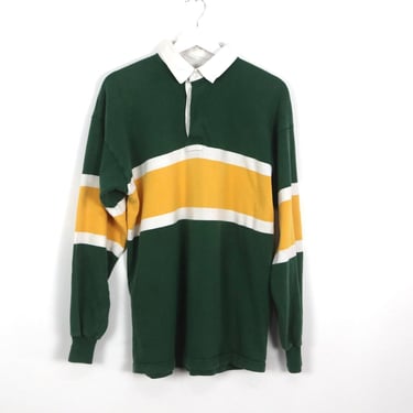 vintage 1980s RUGBY big stripe aussie POLO henley long sleeve rugby shirt GREEN & yellow -- size large 