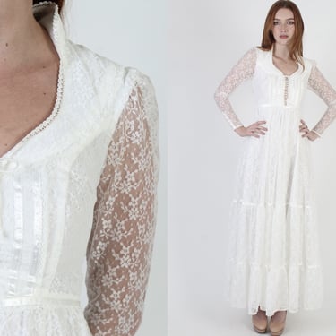 Romantic Renaissance Bridal Collection / Gunne Sax Victorian Maxi Dress / Vintage 70s White Wedding Lace Long Gown Size 5 