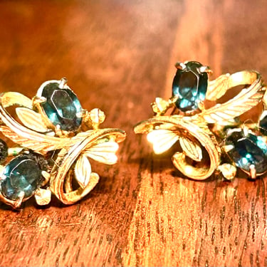 Blue Gemstone Stud Earrings Dark Blue Crystal Gold Tone Vintage Retro Jewelry Mid Century fashion 