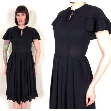 Vintage 1940's Navy Blue Rayon Pleated Fit and Flare Dress w/ Ruffled Capelet / Flutter Sleeves - size Medium 