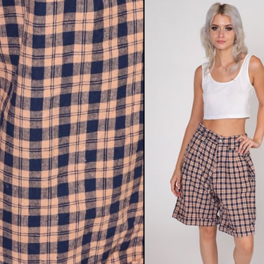 90s Plaid Shorts Pleated Trouser Shorts High Waisted Rise Cuffed Bermuda Shorts Knee Length Tomboy Retro Grunge Vintage 1990s Small S 27 