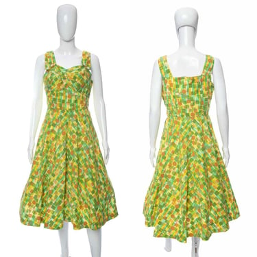 1950's Harmony Fashions Green and Yellow Abstract Print Sun Dress Size L