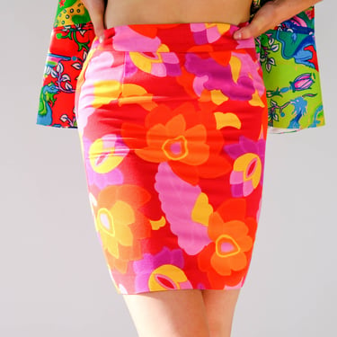 Vintage 90s Mondi Vibrant Groovy Floral Print High Waisted Mini Skirt | Cotton/Rayon Blend | Hippie, Grunge | 1990s Designer Mini Skirt 
