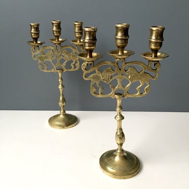 Brass Lion of Judah triple candleholders pair - vintage bohemian decor 