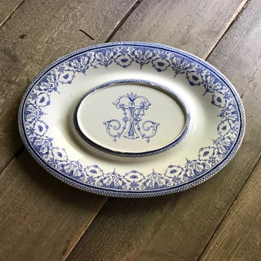 French Faïence Oval Platter, Serving Dish, Indigo, Scroll Pattern, Makers Stamp, Blue and White, Monogram 