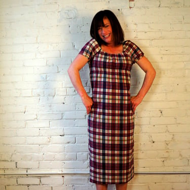 Summer Prep Dress 1960s Vintage Dress Cotton Plaid Straight Cut Dress Gathered Bust Blue White Yellow Red Cap Sleeve  Preppy by Young Timers 