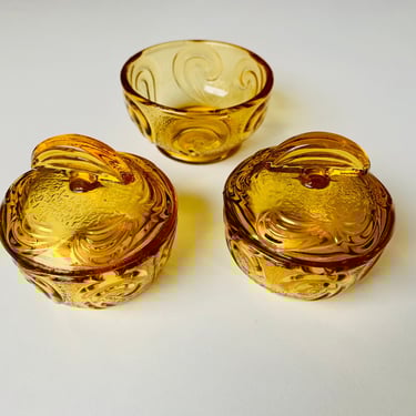 Amber Glass Bowl Set, 3 Small Condiment Dishes, Sugar Bowl, Two with Lids, for Honey, Sugar, Preserves, Mid Century Modern Decor 