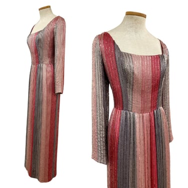 Vtg 80s 70s Ruben Panis Designer Primo Glam Striped Pastel Heavily Beaded Gown 