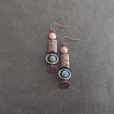 Industrial earrings, teal druzy agate and copper minimalist earrings, mid century modern earrings, unique Art Deco earrings, geometric 