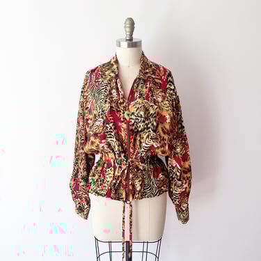 SIZE S 1980s Novelty Print Silk Jacket / 90s Zip Up Nipped Waist Lion Coat / Safari Vintage Unique Lightweight Track Jacket 