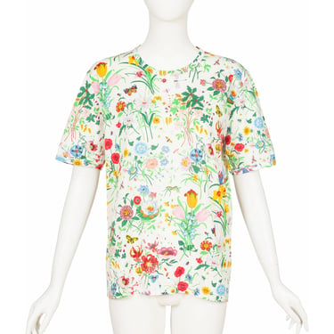 Gucci 1970s Vintage "Flora" Print White Cotton Crew Neck T-Shirt 