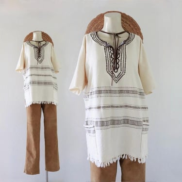 70s cotton tunic - vintage unisex mens womens natural brown beige cream fringe boho bohemian hippie shirt top 