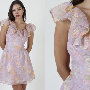 Pastel Floral Chiffon Mini Dress / Vintage 70s Easter Sunday Color Dress / Garden Wedding Party Short Frock 