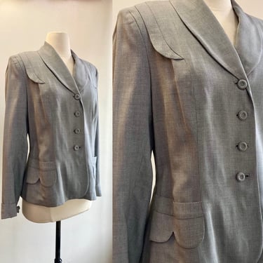 Vintage 40s Suit Jacket Coat / Shoulder Detail + Shawl Collar + Covered Buttons + Pockets / Rayon Crepe Lined / Extra Button 