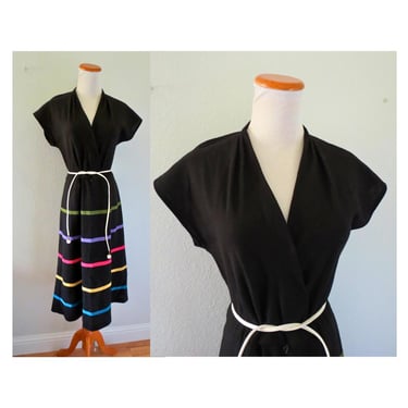 Vintage Black Rainbow Dress - 70s Striped Midi Sundress - Plunging Neck Dress - Size Medium 