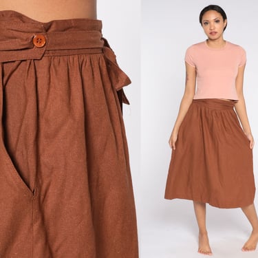 Brown Wrap Skirt 80s Raw Silk Midi Skirt Boho High Waisted Pleated Pocket Skirt Plain Hippie Retro Bohemian Simple Vintage 1980s Medium M 