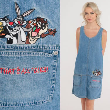 Denim Jumper Dress 90s Looney Tunes Blue Jean Overall Mini Dress That's All Folks Embroidered Cartoon Bugs Bunny Vintage 1990s Medium M 
