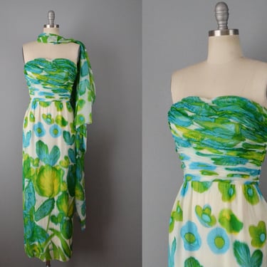 1950s Frank Starr Gown / Butterfly Print / Floral Silk Chiffon Dress / Size Small 
