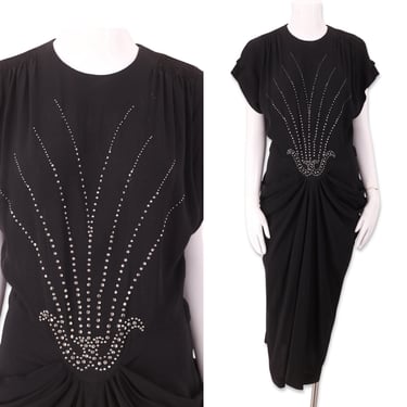 1940s studded black crepe cocktail dress, vintage 40s silver studded dress, WWII era waterfall draped dress gown 