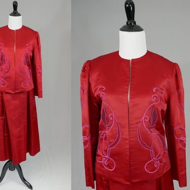 80s Reiko Red Silk Satin Jacket Skirt Set - Pink Burgundy Stitching Design - Formal Outfit - Vintage 1980s - M 