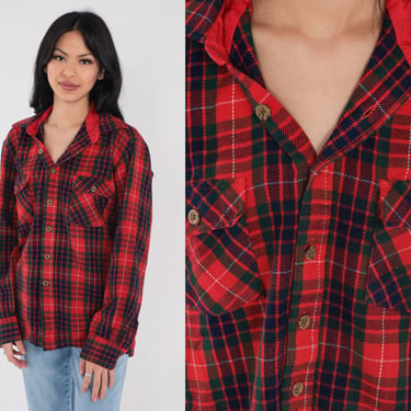 Red Plaid Shirt 90s Button up Shirt Grunge Lumberjack Long Sleeve Blue Green Checkered Overshirt Cotton Vintage 1990s Mens Medium M Tall 