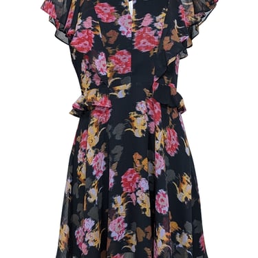 Ted Baker - Black w/ Pink & Yellow Abstract Floral Print Ruffled Dress Sz 8