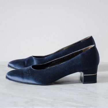 navy blue silk Ferragamo shoes | 80s 90s vintage Salvatore Ferragamo silk satin rhinestone low heel pumps size 8 