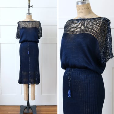 rayon crochet knit dress in navy blue • vintage style draped dolman sleeve body-con dress 