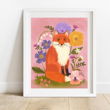 Floral Fox Art Print/ 8 X 10 Woodland Animal Illustration/ Red Fox With Wildflowers Wall Art/ Cottage Core Flower and Fox Home Decor 