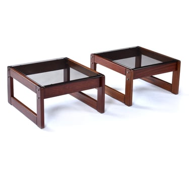 Pair of Percival Lafer Low Profile Rosewood and Smoked Glass Side Tables or Platform Bed Nightstands 