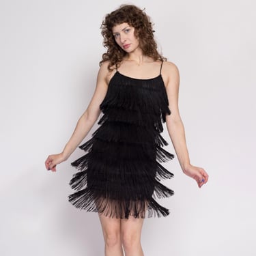 XS-Sm 90s Black Fringe Flapper Dress | Vintage 1920s Costume Mini Party Dress 