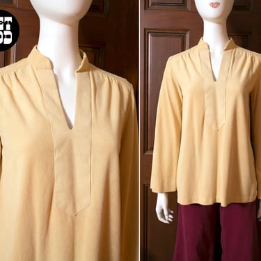 Comfy Vintage 70s Light Butter Yellow Beige Lightweight Ultrasuede Velour Vibes Hippie Tunic 