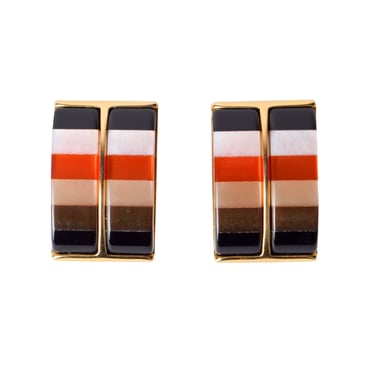 Vintage 1980s Italian Orange & Black Colorblock Resin Oversized Golden Earrings