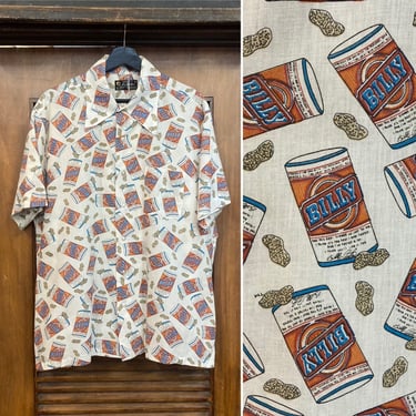 Vintage 1970’s Size XL “Billy Beer” Pop Art Jimmy Carter Peanut Design Hawaiian Shirt, 70’s Short Sleeve Shirt, Vintage Clothing 