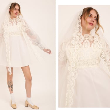 Vintage 1970s 70s Sharon Tate White Lace Empire Waist Mini Dress w/ Huge Balloon Bishop Sleeves Mini Wedding Dress WITH VEIL 