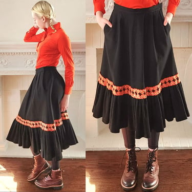 1940s Skirt in Black Wool Felt with Traditional Red & Gold Embroidery by Cabana Sportswear -M 