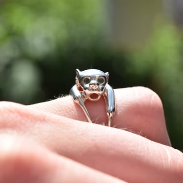 Sterling Silver Emerald Eyed Panther Ring W/ Diamond Collar, '925 NV', Vintage Jewelry, Size 7 US 